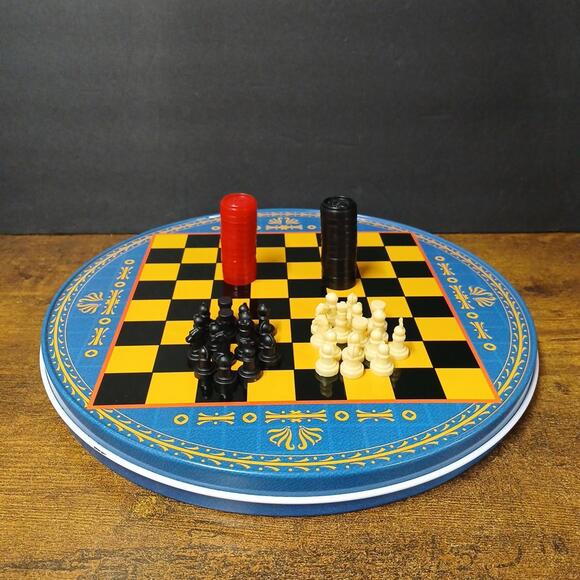 Other - Vintage Chinese Checkers, Checkers, Chess Travel Game Board Tin w/ Game Pieces